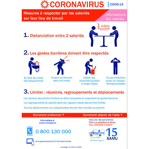 Affichage coronavirus : mesures à respecter par les salariés sur le lieu de travail (covid-19) - format A3