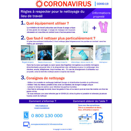 Affichage coronavirus : règles à respecter pour nettoyer le lieu de travail (covid19) format A3