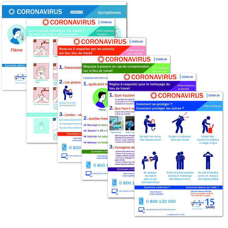 Pack affichages coronavirus : Tout inclus - 6 affichages prévention protection (covid19)   format A3