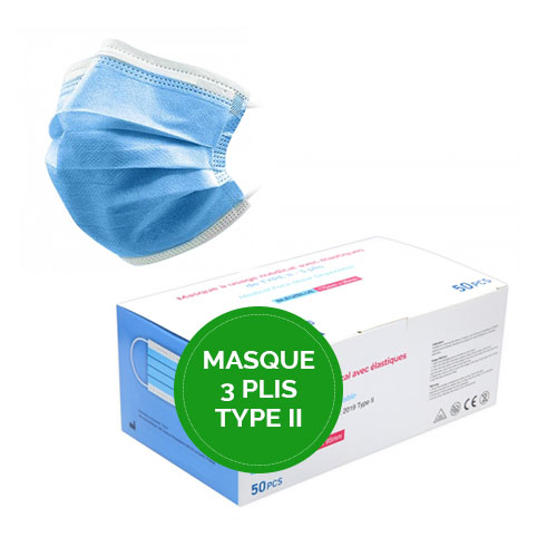 50 masques chirurgicaux 3 plis de Type II conformes EN14683:2019
