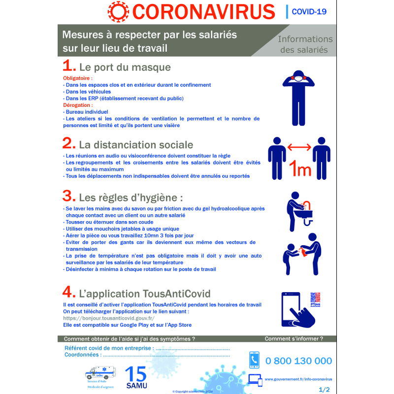 Affichage coronavirus : mesures à respecter par les salariés sur le lieu de travail (covid-19)