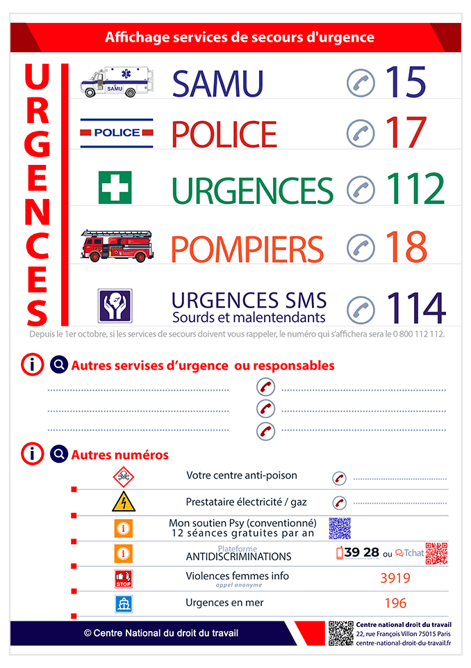Affichage numéros d'urgence en entreprise