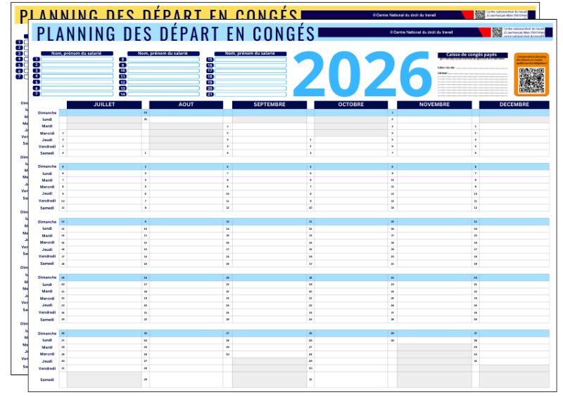 Planning ordre des départs en congés 2026 de 1 a 21 salariés