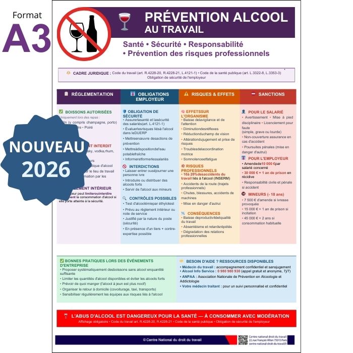 Affichage Prévention Alcool au Travail 2026 - Panneau Obligatoire Entreprise A3