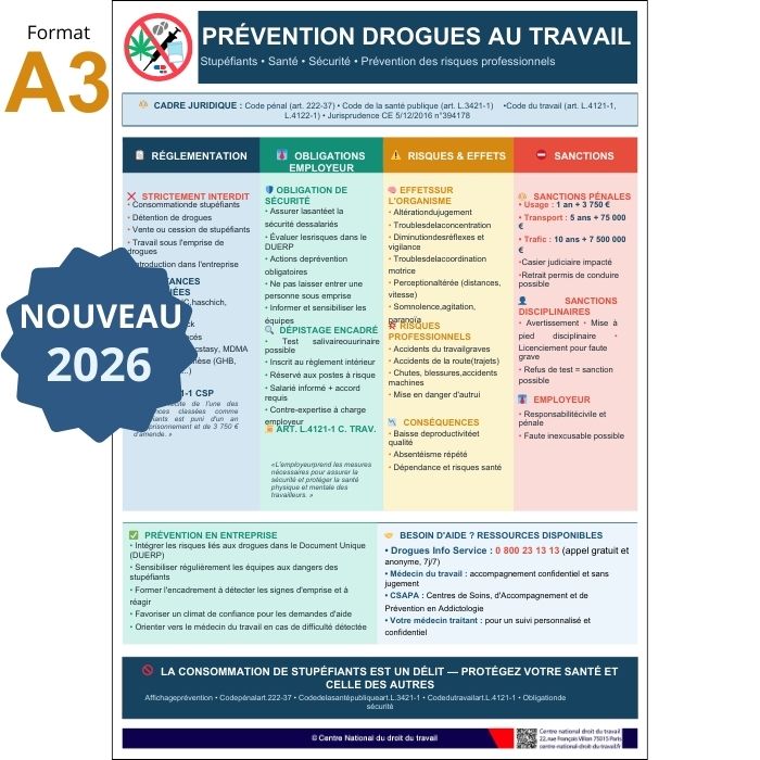 Affichage Prévention Drogues Stupéfiants au Travail 2026 - Panneau Entreprise A3